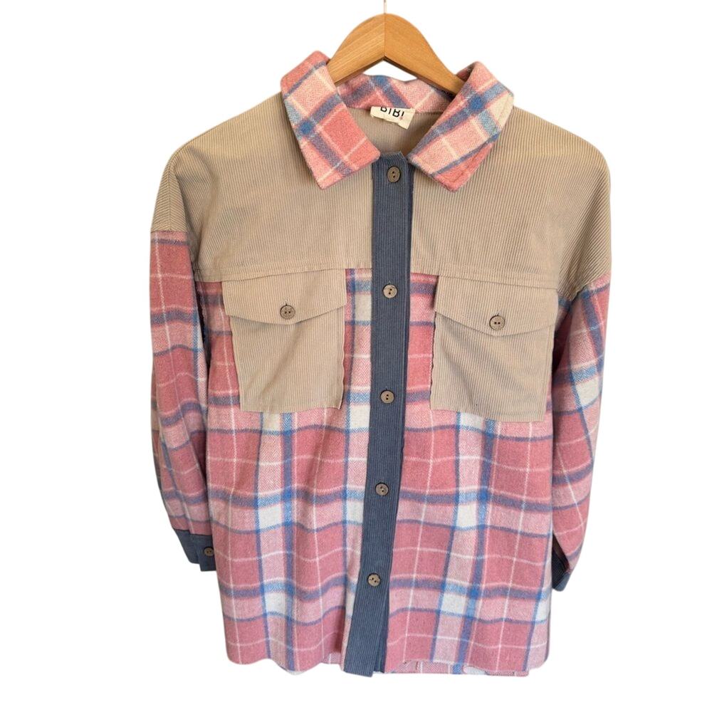 BIBI Oversized Pink Plaid Shacket Small Blue Corduroy Placket Button Down NWOT